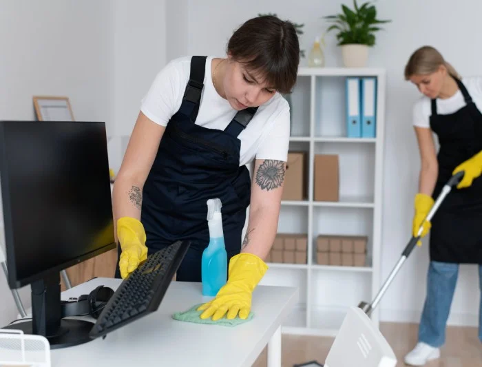 Office cleaners wiping a desk and mopping the floor near computer workstations